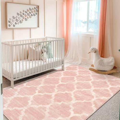 Lahome Moroccan Washable Rugs - 3x5 Pink Rugs for Bedroom Throw Kids Nursery Rug for Baby Girls Bedside Rug Non-Slip Kitchen Area Rug Modern Trellis Carpet Rugs for Living Room Entryway Laundry Bath