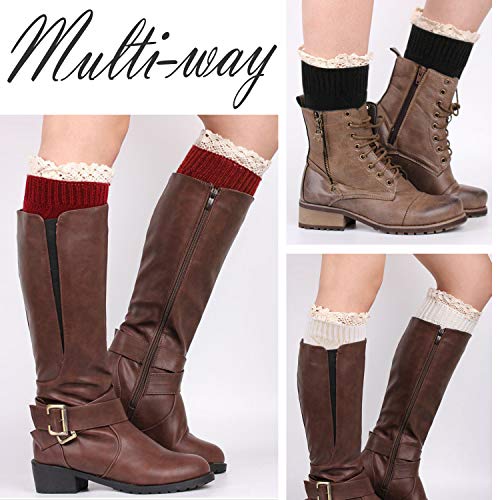 PHOGARY 3 Pairs Winter Warm Boot Cuffs for Women, Short Leg Warmers Crochet Knitted Boot Socks with Lace Trim for Gilrs Boot Topper Socks Leg Cuffs Boot Warmers Gift 6