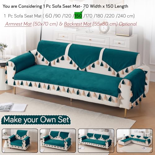 Image of HOKIPO Premium Holland Velvet Sofa Cover with Tassel for 1 /2 /3 Seater & L Shape Sofa | Make Your Own Set, 'TasselTone Series' Sofa Mat, 70(W) x 150(L) cm, Teal (IN-1107-TL)