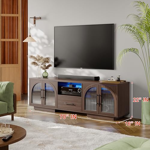 70" TV Stand for 80 Inch TVs, Entertainment Center with LED Lights and Arched Glass Doors, Faux Marble Wood Finish, Adjustable Shelves, Modern TV Cabinet for Living Room, Brown - Image 6
