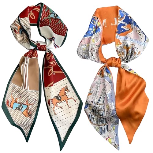 Husalsea 2 Pièces Long Foulard en Soie et Satin pour Femme, Élégant Petit Foulard Carré, pour...