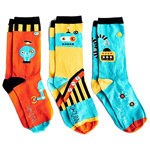 Q for Quinn 3 Pairs Organic Robot Socks for Adults | Soft Breathable Toxic Free Seamless Toes | Fun Crazy Colorful Gift | Size Small