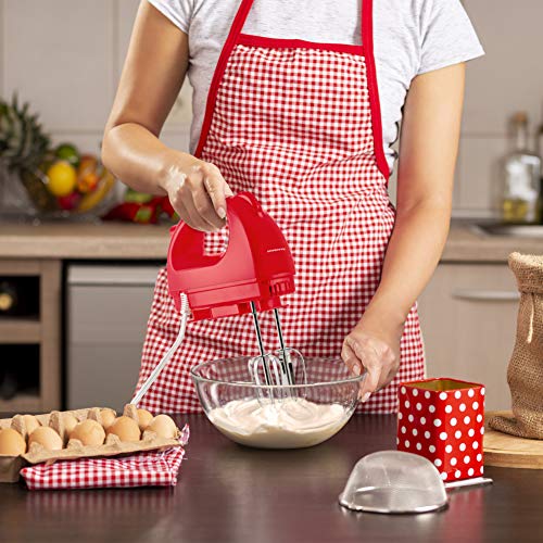 Image of OVENTE Portable Electric Hand Mixer 5 Speed Mixing, 150W Powerful Blender for Baking & Cooking with 2 Stainless Steel Chrome Beater Attachments & Snap Clear Case Compact Easy Storage, Red HM161R