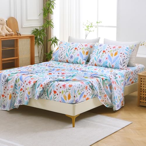 Image of MUXHOMO King Size 4 Piece Sheet Set, Soft & Breathable Sheet for Bedroom with Deep Pocket Up to 16 inch, Wrinkle-Free & Cooling Bed Sheets with Flat Sheet, Fitted Sheet & Pillowcases - Colorful Leaves