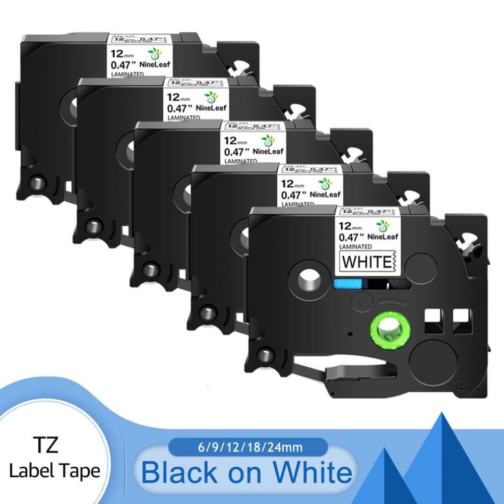 Confezione da 5 nastri per etichette TZe-231 nero su bianco da 12 mm, compatibili con TZE-241 335 TZ 631 per stampanti di etichette H110 PT 1180(Black on white)