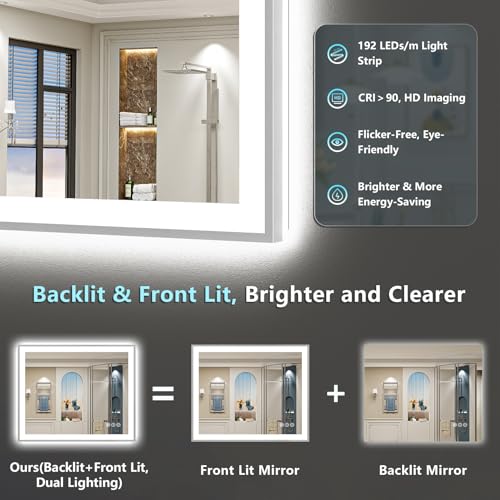 Image of 40x32 Brushed Nickel LED Bathroom Mirror with Lights, Backlit & Front-Lit, Anti-Fog, Framed Lighted Vanity Mirrors for Bathroom Wall, Dimmable, 3 Colors, Memory, Shatter-Proof, Tempered Glass
