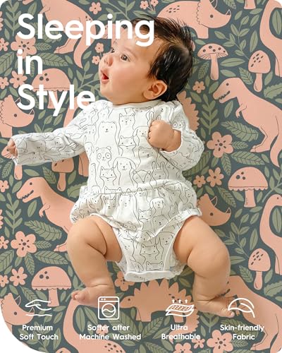 Image of Pack N Play Sheets Fitted, TotBasic Ultra Soft Dinosaur Mini Crib Sheets, Premium Jersey Knit Pack and Play Sheets, Stretchy Neutral Play Yard Sheets for Pack and Play Mattress, 2 Pack(Vintage Dino)