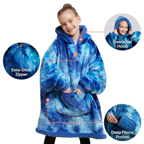 Image of Giggling Getup Wearable Blanket Hoodie for Girls and Boys Warm Cozy Sherpa Fleece Hooded Blanket Sweatshirt Oversized Hoodie with Giant Pocket & Sleeves for Kids Dark Blue Tie Dye