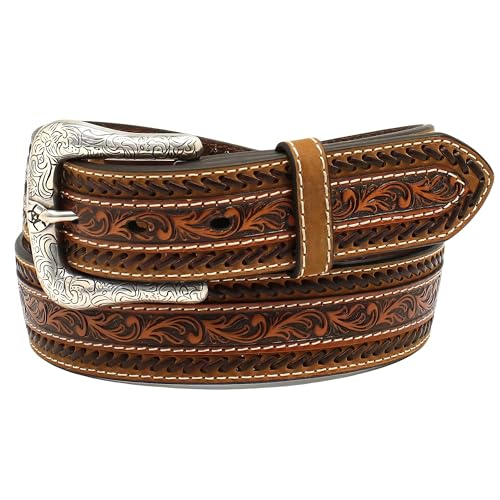 ARIAT Men's 1 1/2" Buck Stitching Floral Tooled Tan Belt2