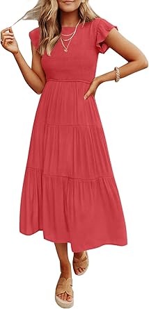ZESICA Women's Summer Casual Flutter Short Sleeve Crew Neck Smocked Elastic Waist Tiered Midi Dress