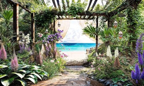 Rideau de jardin mer des Caraïbes imperméable 300x180 cm pour déco extérieure tropicale