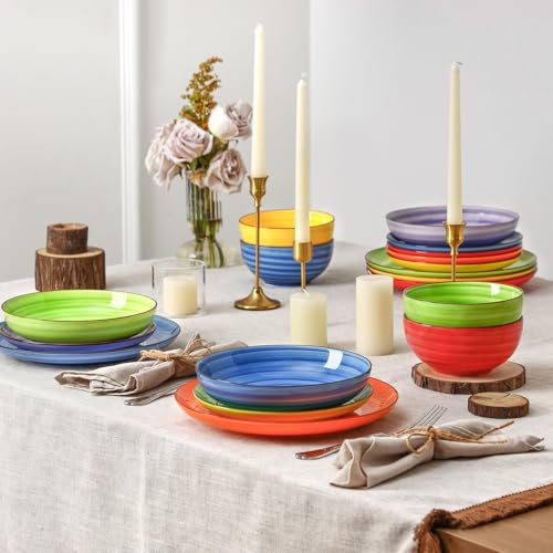 Image of Selamica Ceramic Plates and Bowls Sets,24 Pieces Dinnerware Sets for 6,Scratch Resistant Dish Set for holiday gathering,Dishwasher & Microwave Safe, Dopamine