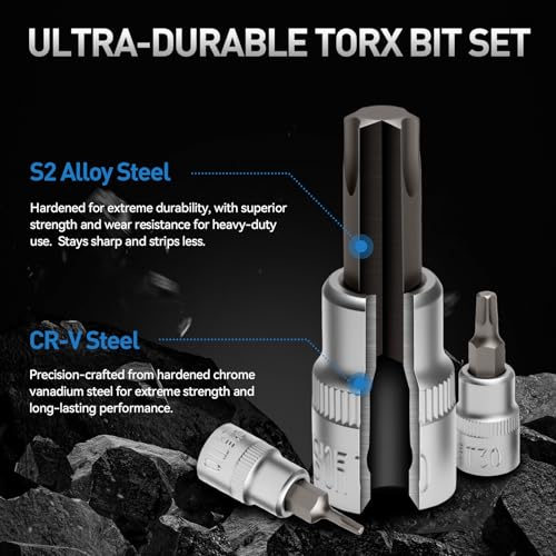 Image of 34-Piece 3 /8'' Drive Torx Star Bit sockets CR-V E-Socket Set, E4-20, T10-60, Tamper Proof Set TT10-TT55, 5 /16 inchF to 3 /8 inchM adapter with Storage Case,S2 Steel, Ideal for Car,Trucks,Home Improvement