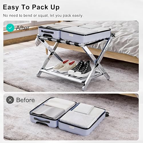 Image of Stainless Steel Folding Luggage Rack for Guest Room Foldable luggage Racks for Suitcase Stand with Nylon Straps, Luggage Stand Double Tiers SS Luggage Holder with Shelf for Bedroom, Hotel, No Assembly Required (Stainless Steel Luggage Rack 2 piece)