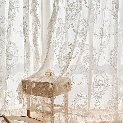 ZZC Tende velate in pizzo con volant smerlato per soggiorno, lunghe 178 cm, stile rustico vintage, ricamato, con tasca per asta, set di 2 pannelli, colore bianco, larghezza 90 x lunghezza 178 cm