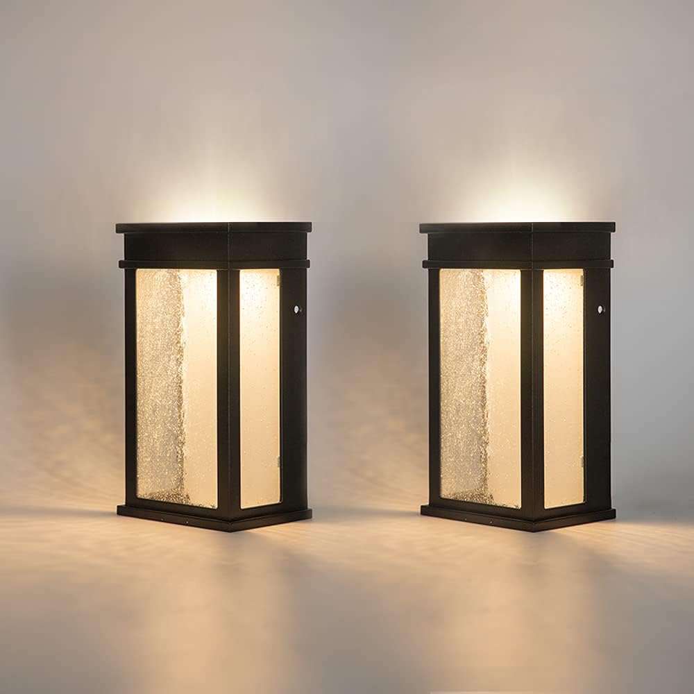 LUTEC 2 Packs 1000 Lumen 3000K LED Wall Light with Seeded Glass, Dusk to Dawn Modren Porch Light, Indoor Outdoor Sconce Wall Lighting