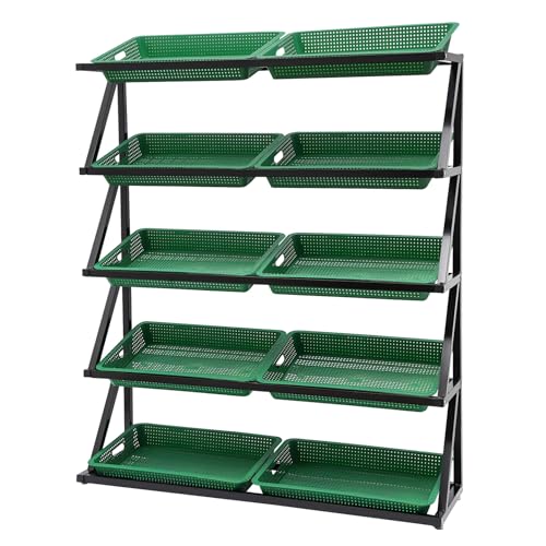 RocoReny 5 Tier Retail Display Shelves with 10 Baskets, Standing Organizer Shelf Units Metal Holders Storage Rack, Freestanding Display Stand for Office Pantry Kitchen, 49.2 * 13.8 * 59.1in (Green)