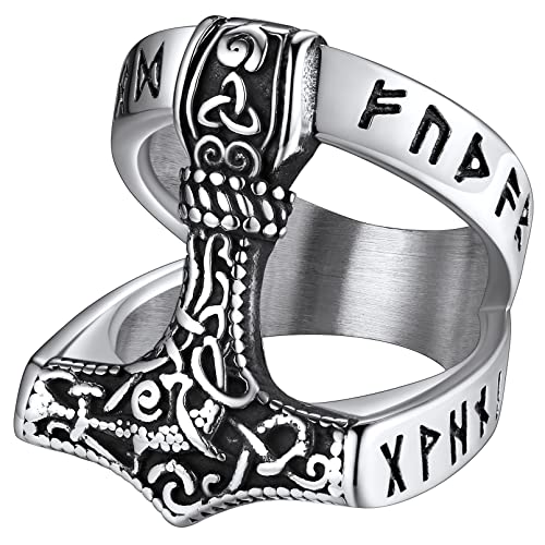 FaithHeart Norse Viking Jewelry Mens Stainless Steel Vikings Thor's Hammer/Wolf Head Ring Valknut Warrior's Gothic Jewelry-Personalized Engrave 02. Hollow Hammer-Silver 8