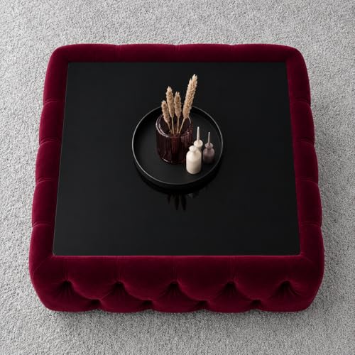 Image of Premium Tufted Upholstered Coffee Table with Mica Top - Modern Square Ottoman Center Table, Soft Velvet Finish, Luxury Living Room Furniture - 30 x 30 x 18 Inch (Maroon)