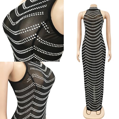 Image of PORRCEY Women's Sexy Elegant Rhinestone Mesh See Through Bodycon Party Club Night Prom Dress