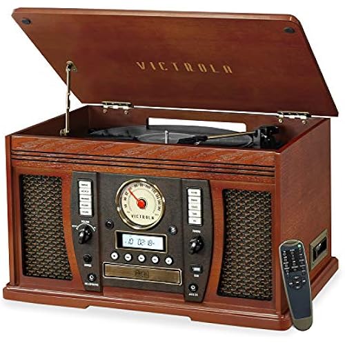 Victrola Aviator 8-in-1 Bluetooth Record Player & Multimedia Center with Built-in Stereo Speakers - 3-Speed Turntable, Vinyl to MP3 Recording, Wireless Music Streaming, Mahogany
