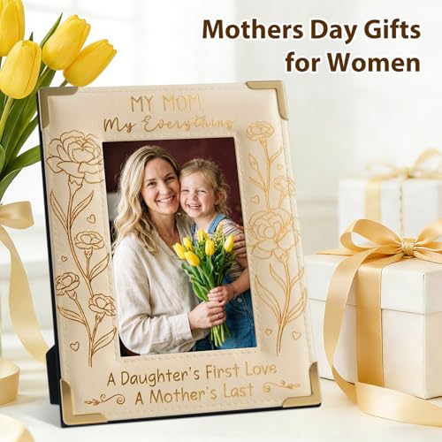 Image of FLYAB 4x6 Mothers Day Picture Frame First Mothers Day Gifts for New Mom from Husband Parents Mom Picture Frame Decorations for Tabletop Wood Leather Frame Beige