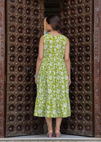Image of Floral Print Rayon Midi Dress, Sleeveless, Lime Green and White, A-Line Empire Waist