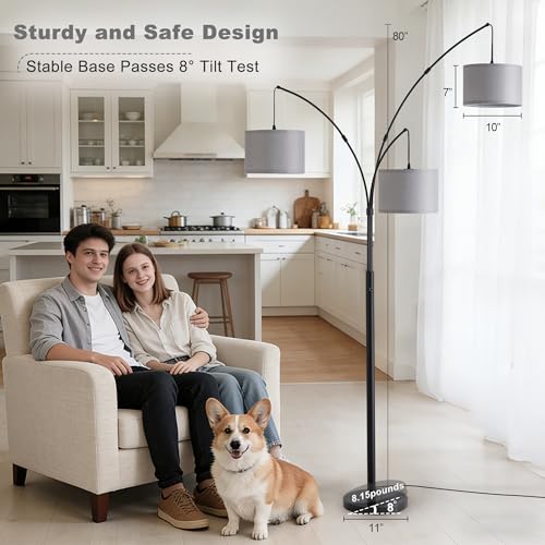 Image of Floor lamp with Remote, 3 Light Arc Floor Lamps for Living Room, 2400LM Tall Standing Floor Lamps with Gray Shades, 80 inch Large Floor Lamp for Bedroom, Office