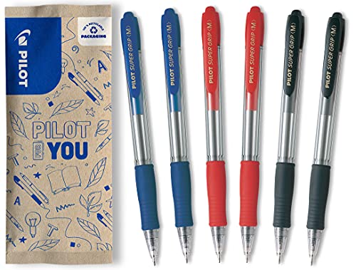 PILOT Caja de 6 Bolígrafos Super Grip   Biros recargables y retráctiles   2 Azul, 2 Rojo, 2 Negro   Punta Media