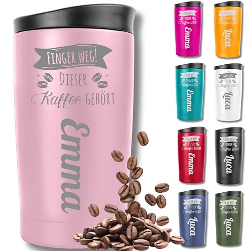 KUINEA Thermobecher personalisiert mit Gravur – [100 % auslaufsicher] Coffee To Go Becher 350 ml – personalisierter Kaffeebecher Edelstahl – rosa – ideale Geschenkidee für Männer & Frauen