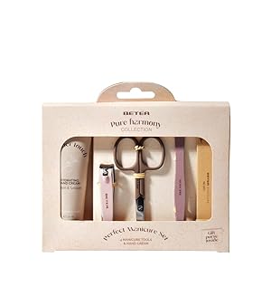 Beter - Set de Manicura Pure Harmony, Set de 4 Piezas (Lima de uñas, Pinza Depilar, Tijera de uñas, Cortaúñas) + Crema de Manos y Bolsa de Tela, Perfecto para regalo, Neceser Manicura Completo