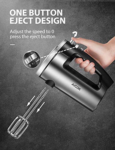 AICOK Hand Mixer Electric 2019 Durable Version 6 Speed Powerful Handheld Mixer Food and Cake Electric Mixer with Turbo and Easy Eject Button Stainless Steel Body, Beaters and Dough Hooks (Renewed)