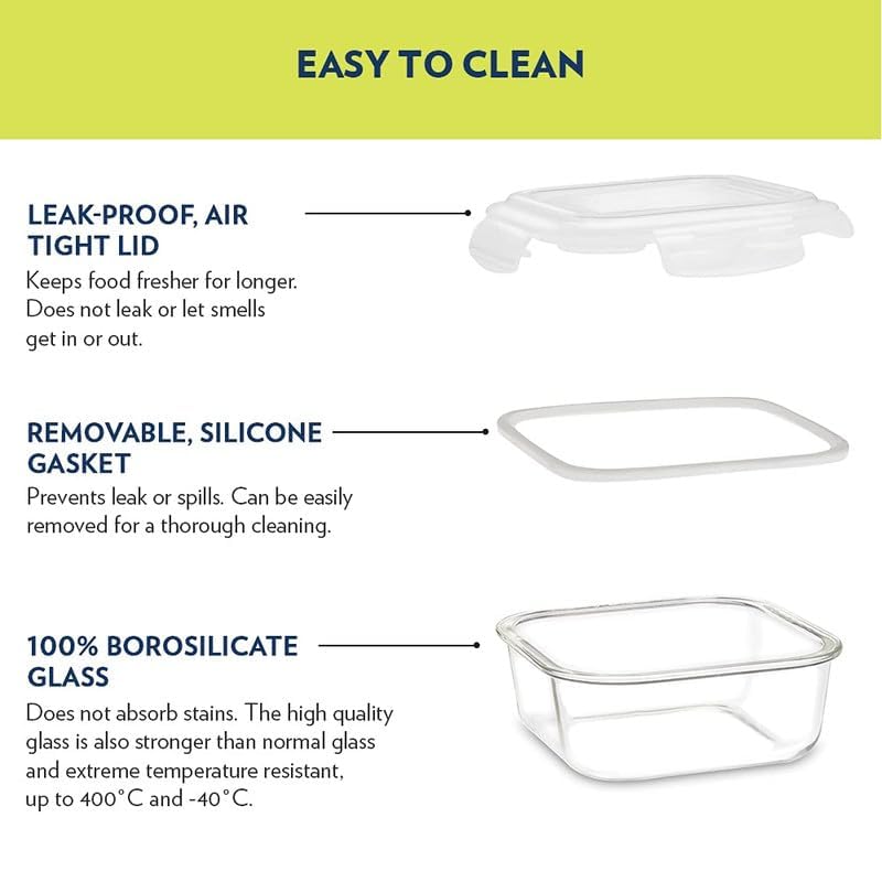 Image of Transparent Glass Lunch Box | Borosilicate Glass Container with Airtight Clip Lock Lid | Microwave, Freezer Safe Glass Tiffin Box (Borosilicate Glass Lunch Box - Square - 500 ml (Pack Of 2)