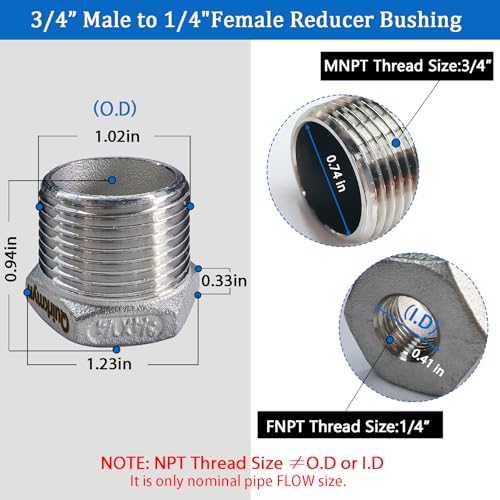 Image of 2 Pcs Stainless Steel Bushing 3 /4 inch Male to 1 /4 inch Female, 3 /4 inch to 1 /4 inch NPT Adapter Hex Reducing Pipe Adapter Fitting Stainless Steel Fitting Pipe Hose Tube Adapter Convert