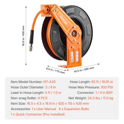 VEVOR Druckluftschlauch Schlauchtrommel, 9,52 mm x 19,81 m Hybrid-Luftschlauch, max. 300 PSI, Schlauchaufroller mit automatischem Aufrollen & Zuleitung, für Decken-/Wandmontage für Werkstatt & Garage