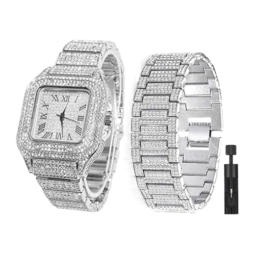 Apzzic Diamond Watch Iced Out CZ Cuban Link Watch Gold Plated Square Dial Quartz Wristband Analog Wrist Watch for Men Women Silver Color