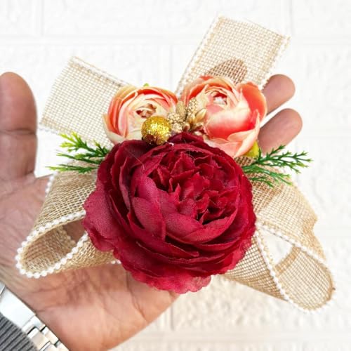 Image of ADIKALA Handmade Artificial Big Peonies 3 Flower Bunch for Trousseau Packing, Ready to use Flower Brooch Hamper for Decoration, Gift Wrapping Flowers (6, Maroon D2)