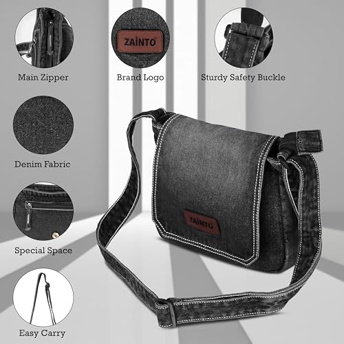 Image of ZAINTO Premium Denim Sling Bag for Women, Multipocket Crossbody, Blue Jeans Side Bag for girls (Medium Blue)