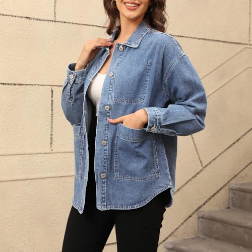 Women's Denim Jacket Oversize Long Sleeve Button Down Shirt Boyfriend Jeans Shacket Jacket Coat with Pocket4