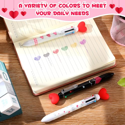 Sayglossy 24 Pcs Valentine Heart Shaped Pens Bulk, 6 in 1 Multicolor Novelty Pens 0.7mm Cute Retractable Ballpoint for Valentine Teacher Adults Women Classroom Student Party Gift Supplies