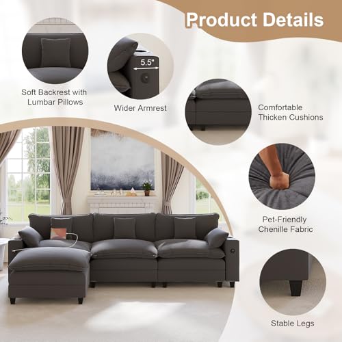 Image of KCGKCG 116 inch Modular Sectional Couch, L Shaped Cloud Couch with Movable Ottoman, Deep Seat Cloud Sofa with Charging Station, Cup Holder, Side Pocket, Chenille Sectional Couches for Living Room, Grey