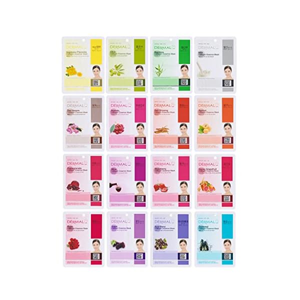 DERMAL KOREA Collagen Essence Full Face Facial Mask Sheet 16 Combo Pack B - Nature Made Freshly Korean Face Mask, The Ultimate Supreme Collection for Every Skin Condition Day to Day Skin Concerns