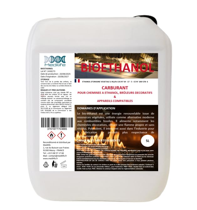 Bioéthanol 5L – Combustible Écologique Premium pour Cheminée Poêles en Acier InoxydableI – Flamme Propre, sans Odeur ni Fumée – Ressources...
