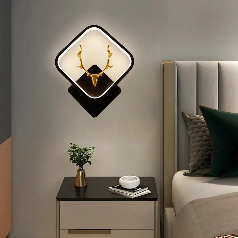 Image of Square LED Wall Light with Golden Deer Horn, Multi-Color LED, Decorative Wall Lamp for Bedroom, Hallway, Living Room, Pack of 1