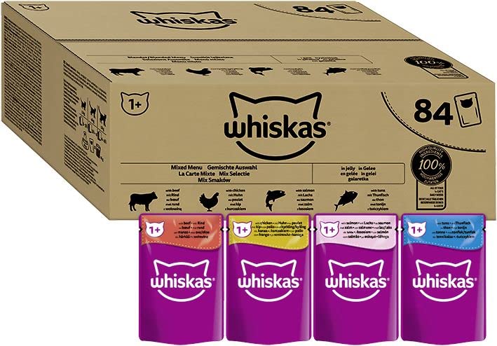 WHISKAS Repas pour Chat - 84 Sachets Fraîcheur de 85g - Pâtée pour Chat Adulte en Gelée - La Carte Mixte (4 Variétés) – Nourriture Humide Complète & Equilibrée