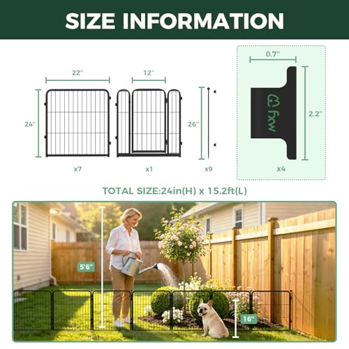 Image of FXW Garden Fence Outdoor for the Yard - 24in(H) x 15.2ft(L) Heavy Duty Metal Animal Barrier for Dog, No Dig Decorative Dog Fence with Fence-to-Wall Anchor (Pack of 4), 8 Panels, Black