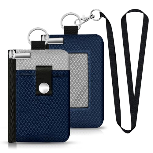 Image of Minimalist RFID Blocking Small Wallet with ID Window,WaterResistant Zip Id Case Wallet with Lanyard Keychain for Cards,Cash,Travel,Women,Men (Dark Blue /Light Gray)