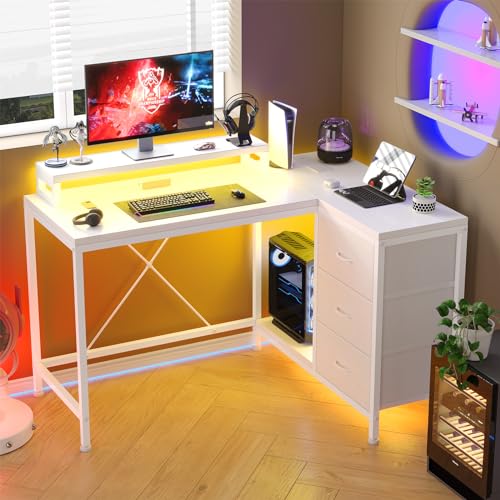 Image of Hetoy L-Shaped Gaming Desk with Power Outlets, Corner Desk with Drawers, Shelves & LED Lights, Computer Desk for Home & Office