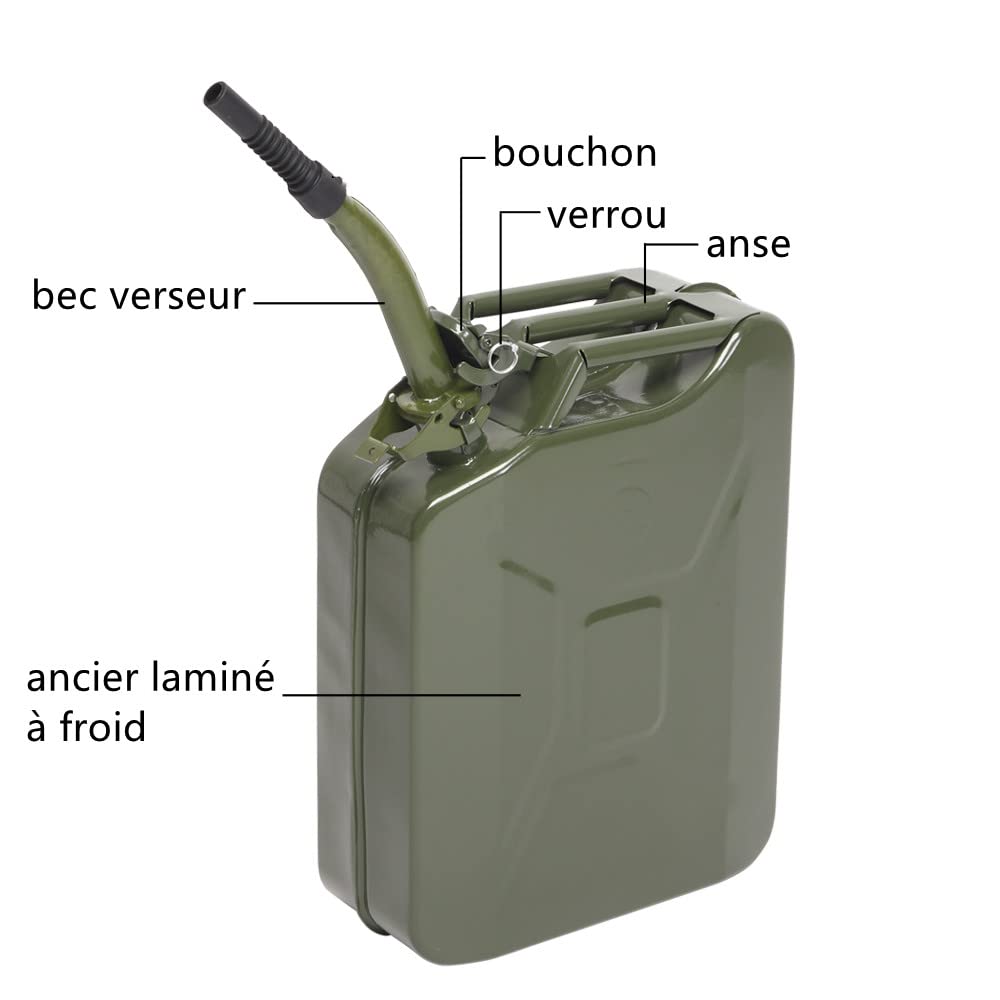 Bonnlo Bidon pour carburant en métal 20L avec bec verseur, bidon étanche carré en métal pour essence avec bec verseur, accessoire d'automobiles (vert, 20L-Type 1)