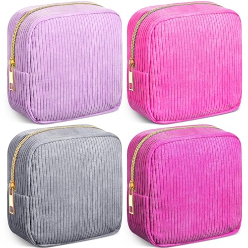Image of Dansydaisy 4 Pcs Sanitary Napkin Storage Bag Pink Corduroy Period Bag for Gift School Teen Mini Makeup Preppy Cosmetic Wallet Set for Women Teacher Portable First Period Cute Pad Pouch with Zipper